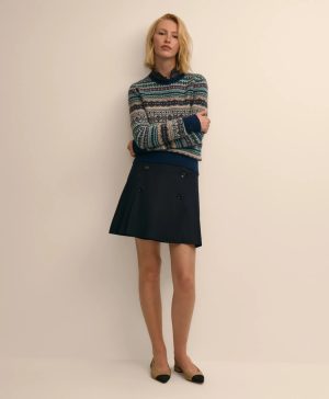 Wool Blend Button-Front Pleated Skirt