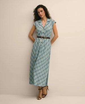 Linen Blend Plaid Belted Sleeveless Dress