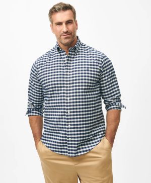 Big & Tall Stretch Cotton Non-Iron Oxford Polo Button Down Collar, Outline Check Shirt