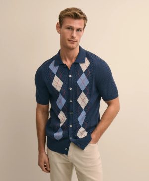 Supima ® Cotton Short-Sleeve Argyle Polo Cardigan