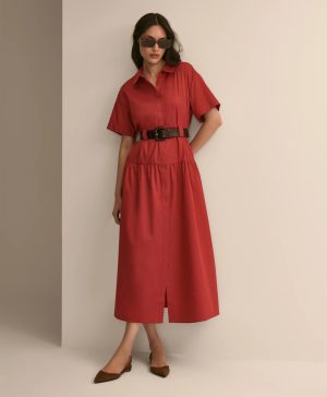 Cotton Sateen Belted Shirtdress
