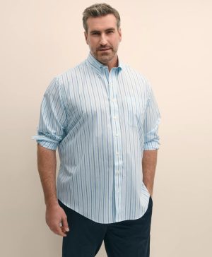 Big & Tall Stretch Cotton Non-Iron Polo Button Down Collar, Alternating Stripe Shirt