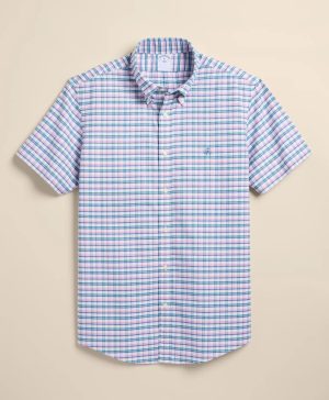 Stretch Cotton Non-Iron Oxford Polo Button Down, Multi-Grid Short Sleeve Sport Shirt