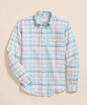 Irish Linen Polo Button Down Collar, Multi Plaid Shirt