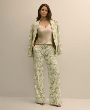 Crepe Botanical Print Wide-Leg Pants