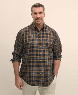 Big & Tall Stretch Supima ® Cotton Non-Iron Twill Polo Button Down, Plaid Sport Shirt