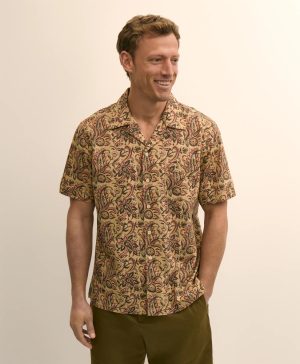 Cotton Camp Collar, Paisley Block Print Short-Sleeve Shirt