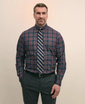 Big & Tall Stretch Cotton Non-Iron Twill Polo Button Down Collar, Tartan Shirt