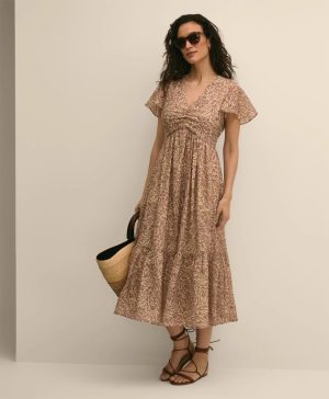 Chiffon Floral Flutter-Sleeve Dress