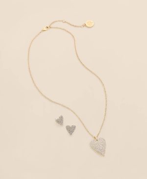 Gold-Tone Cubic Zirconia Heart Necklace & Earrings Set