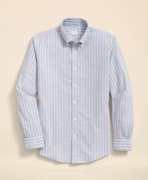 Stretch Cotton Non-Iron Oxford Polo Button Down Collar, Striped Shirt