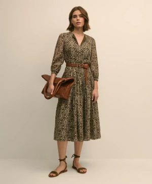 Tie-Neck Pleated Floral-Trellis Print Dress