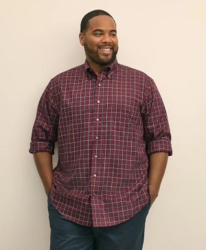 Big & Tall Stretch Supima ® Cotton Non-Iron Twill Polo Button Down, Windowpane Sport Shirt