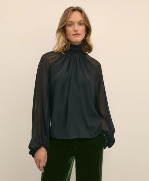 Silk Contrast-Sleeve Blouse