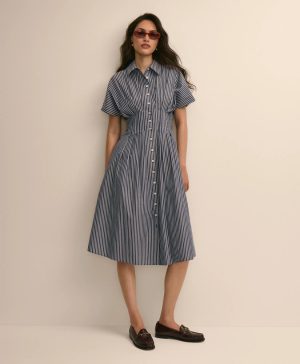 Supima ® Cotton Pleated Striped A-Line Shirtdress