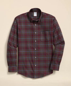 Stretch Supima ® Cotton Non-Iron Twill Polo Button Down, Plaid Sport Shirt