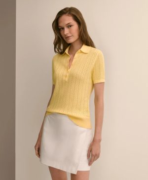 Cotton Blend Pointelle Polo Sweater