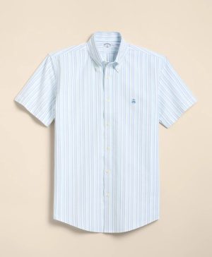 Stretch Non-Iron Cotton-Oxford Polo Button-Down, Short-Sleeve Check Striped Sport Shirt