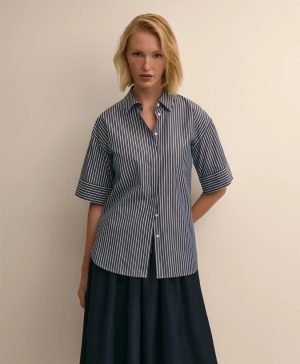 Cotton Short-Sleeve Drop-Shoulder Striped Shirt