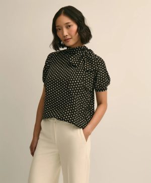 Dot-Print Tie-Neck Blouse