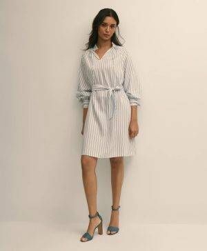 Viscose Pullover Striped Belted Shirt Dress