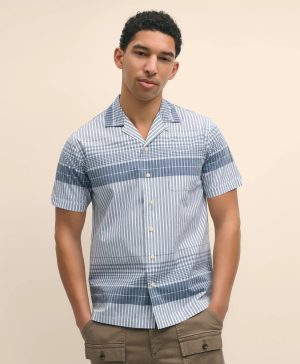 Cotton Camp Collar, Border Plaid Short-Sleeve Shirt