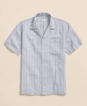 Irish Linen Camp Collar, Striped Short-Sleeve Shirt