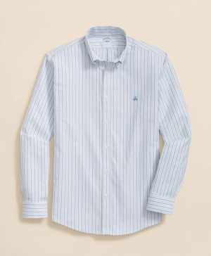 Stretch Cotton Non-Iron Oxford Polo Button-Down Collar, Alternating Stripe Shirt