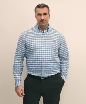 Big & Tall Stretch Cotton Non-Iron Oxford Polo Button Down Collar, Outline Check Shirt