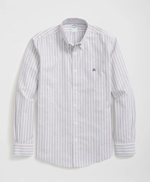Stretch Cotton Non-Iron Oxford Polo Button Down Collar, Triple Stripe Shirt