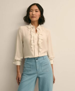 Viscose Ruffle Open-Stitch Placket Blouse