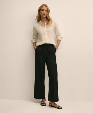 Linen-Cotton Blend Tie-Waist Wide-Leg Pants