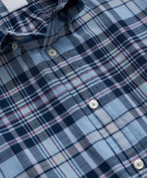 Washed Cotton Madras Polo Button-Down Collar, Short-Sleeve Shirt
