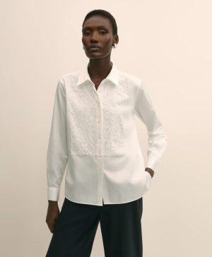 Cotton Sateen Relaxed Lace-Bib Shirt
