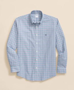 Stretch Cotton Non-Iron Oxford Polo Button-Down Collar, Grid Check Shirt