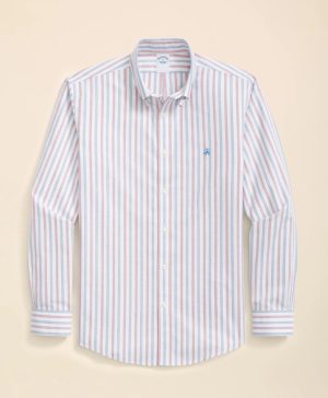 Stretch Cotton Non-Iron Oxford Polo Button Down Collar, Outline Stripe Shirt