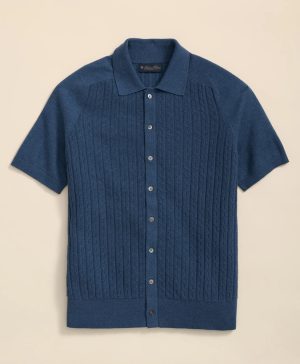Cotton Cable-Knit Short-Sleeve Polo Sweater