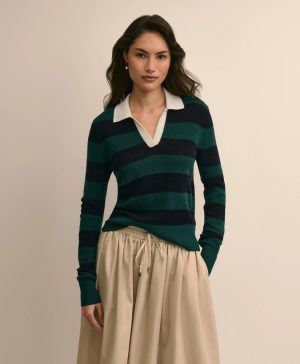 Merino Wool Striped Johnny Collar Sweater