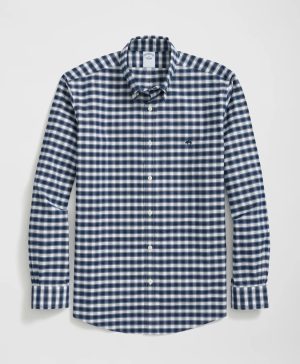 Stretch Cotton Non-Iron Oxford Polo Button Down Collar, Outline Check Shirt