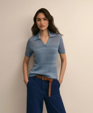 Silk-Cotton Short-Sleeve Johnny Collar Pointelle Sweater