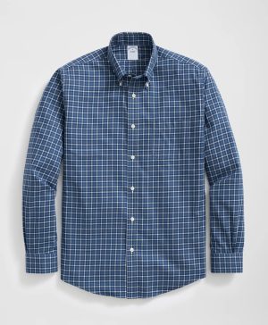 Stretch Supima ® Cotton Non-Iron Oxford Polo Button Down Collar Windowpane Shirt