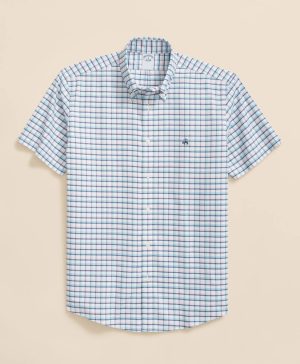 Stretch Cotton Non-Iron Oxford Polo Button-Down Collar, Grid Check Short-Sleeve Shirt