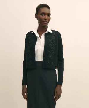 Merino-Wool-Cotton Blend Floral Embellished Cardigan