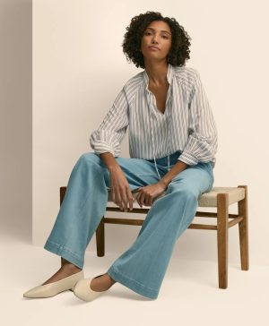 Relaxed Tie-Neck Stripe Peasant Blouse
