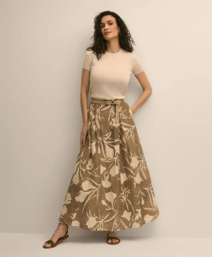 Linen-Blend Pleated Floral A-Line Skirt