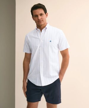 Stretch Cotton Non-Iron Oxford Polo Button Down, Double-Stripe Short Sleeve Sport Shirt