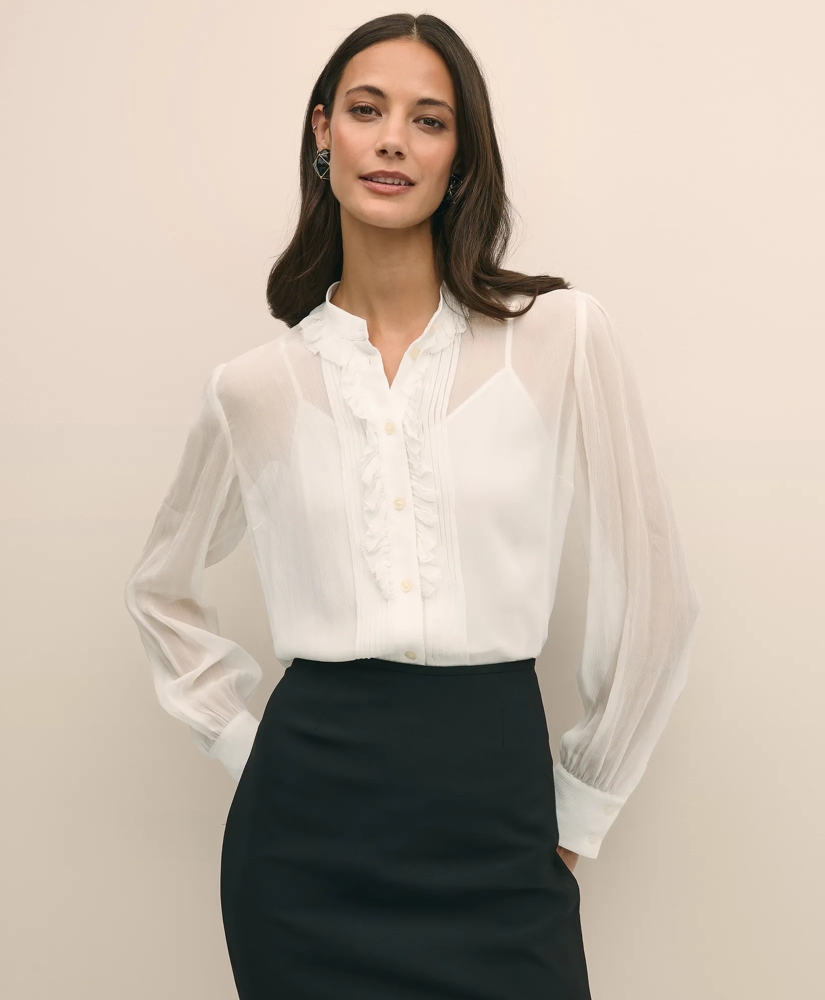 Sheer Pleated Ruffle Detail Blouse