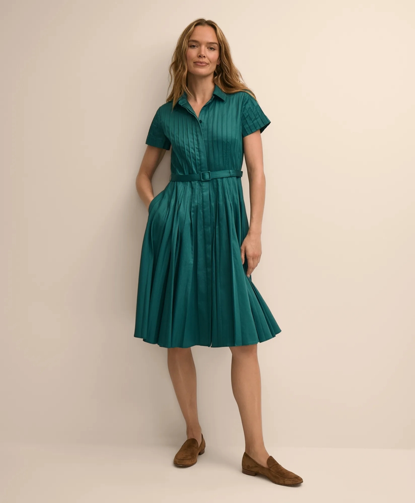 Cotton Sateen Pleated Fit and Flare Shirt Dress